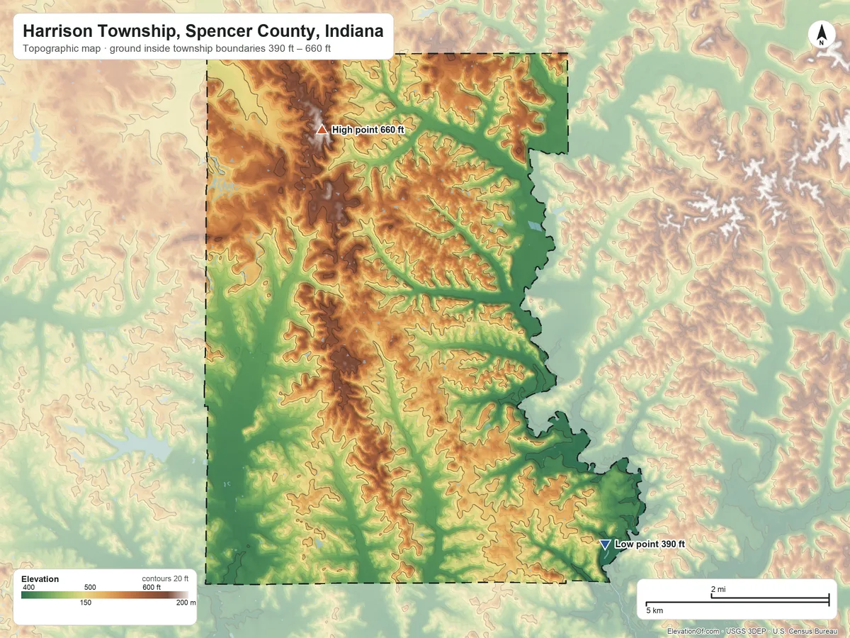 Topographic elevation map of Harrison Township, Spencer County, Indiana, shaded from 390 ft on the southeast side to 660 ft on the northwest side