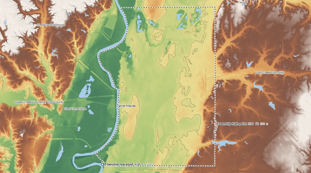 Topographic elevation map of Harrison Township, Indiana, shaded from 450 ft on the southwest side to 590 ft on the east side
