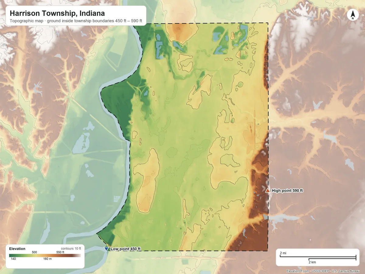 Topographic elevation map of Harrison Township, Indiana, shaded from 450 ft on the southwest side to 590 ft on the east side