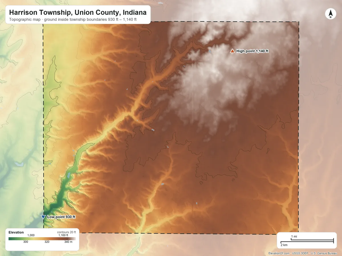 Topographic elevation map of Harrison Township, Union County, Indiana, shaded from 930 ft on the southwest side to 1,140 ft on the northeast side