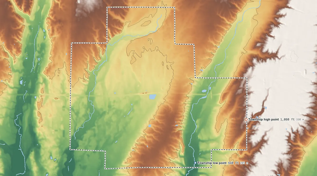 Topographic elevation map of Harrison Township, Wayne County, Indiana, shaded from 940 ft on the southeast side to 1,080 ft on the east side