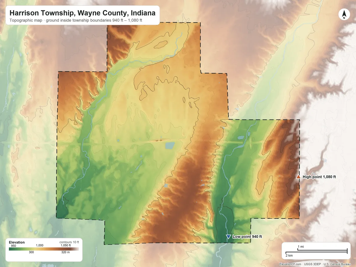 Topographic elevation map of Harrison Township, Wayne County, Indiana, shaded from 940 ft on the southeast side to 1,080 ft on the east side