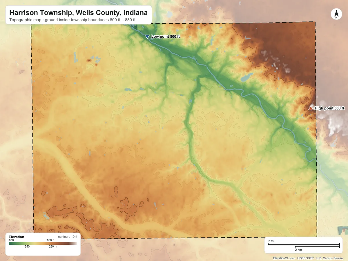 Topographic elevation map of Harrison Township, Wells County, Indiana, shaded from 800 ft near the middle to 880 ft on the east side