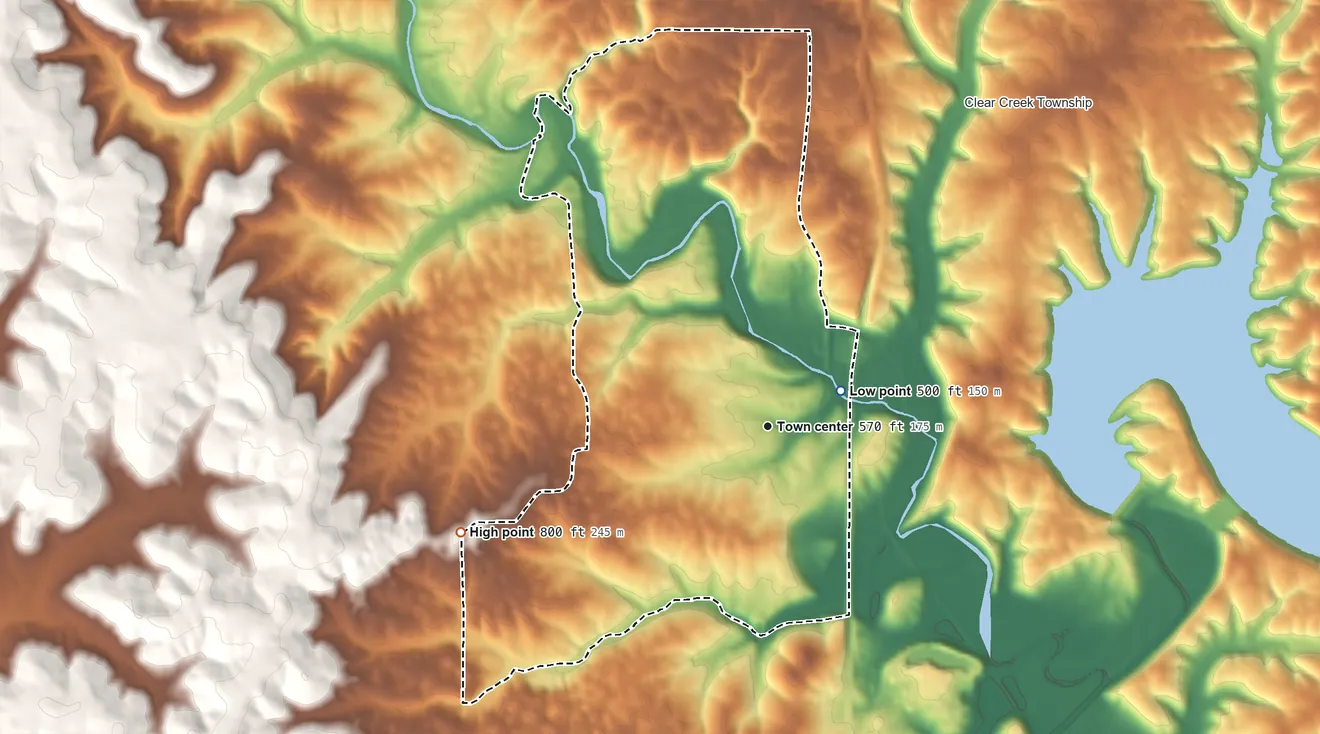 Topographic elevation map of Harrodsburg, Indiana, shaded from 500 ft on the northeast side to 800 ft on the west side