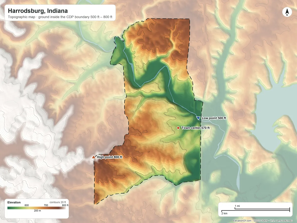 Topographic elevation map of Harrodsburg, Indiana, shaded from 500 ft on the northeast side to 800 ft on the west side