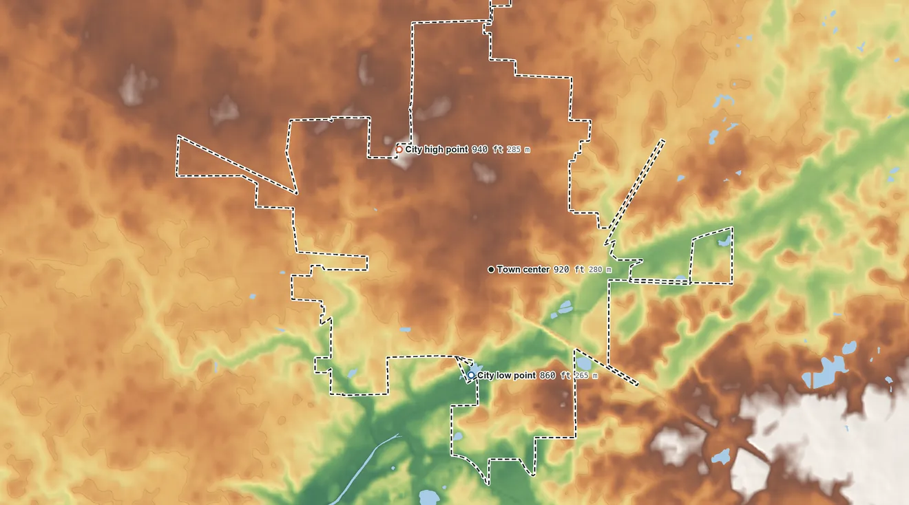 Topographic elevation map of Hartford City, Indiana, shaded from 860 ft on the south side to 940 ft on the northwest side