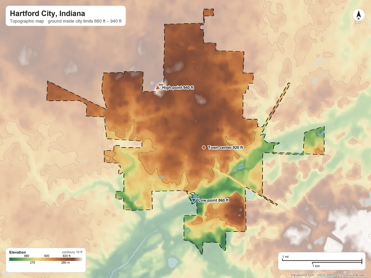 Topographic elevation map of Hartford City, Indiana, shaded from 860 ft on the south side to 940 ft on the northwest side