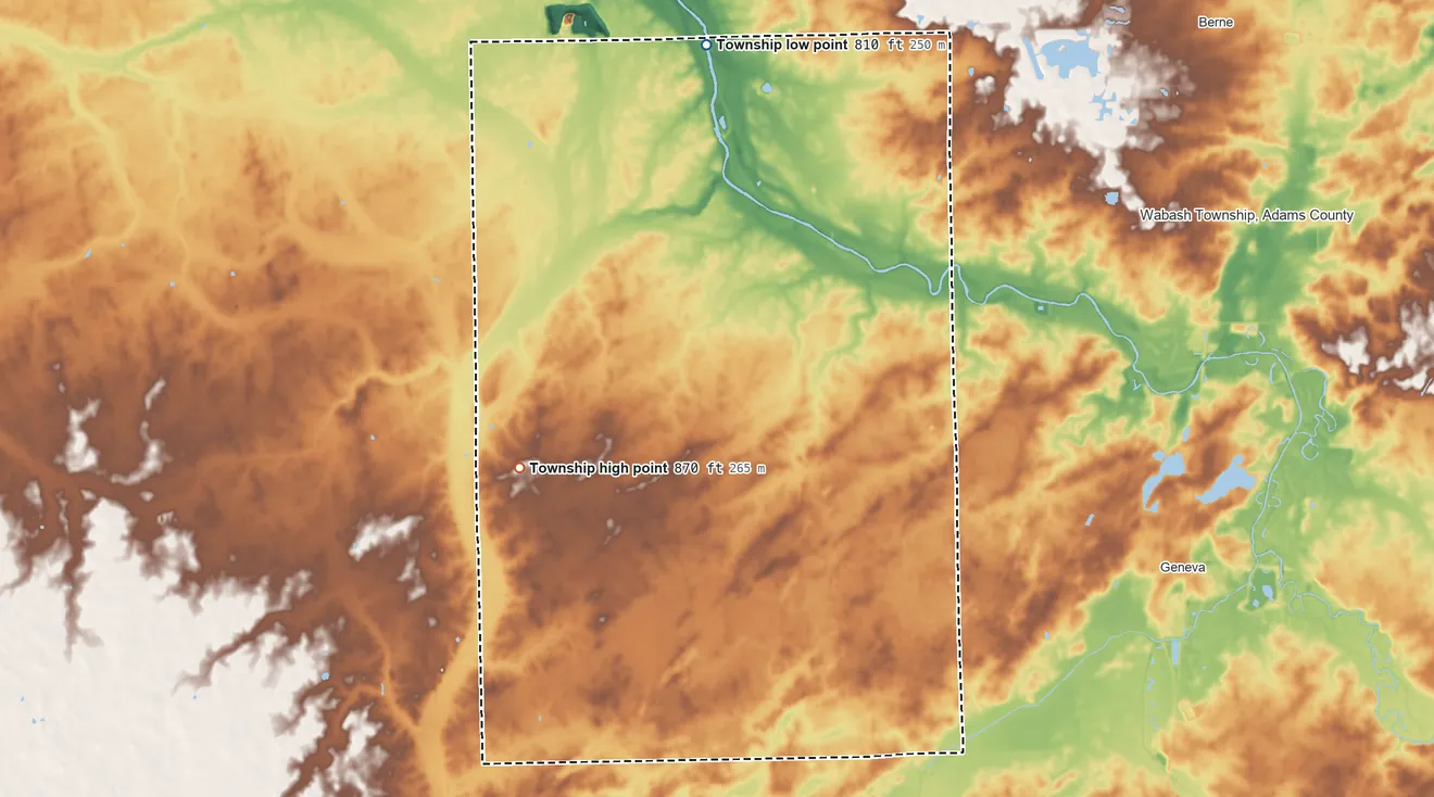 Topographic elevation map of Hartford Township, Indiana, shaded from 810 ft on the north side to 870 ft on the southwest side