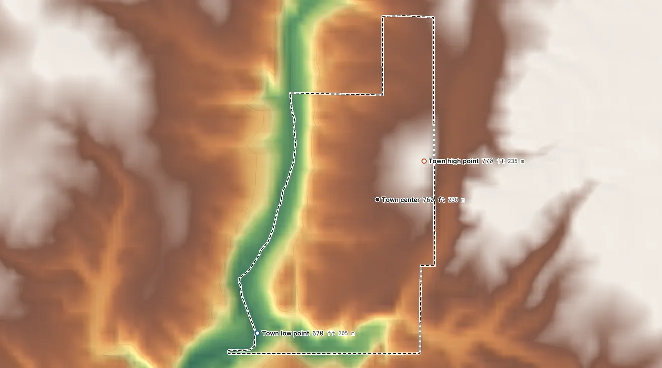Topographic elevation map of Hartsville, Indiana, shaded from 670 ft on the southwest side to 770 ft on the northeast side