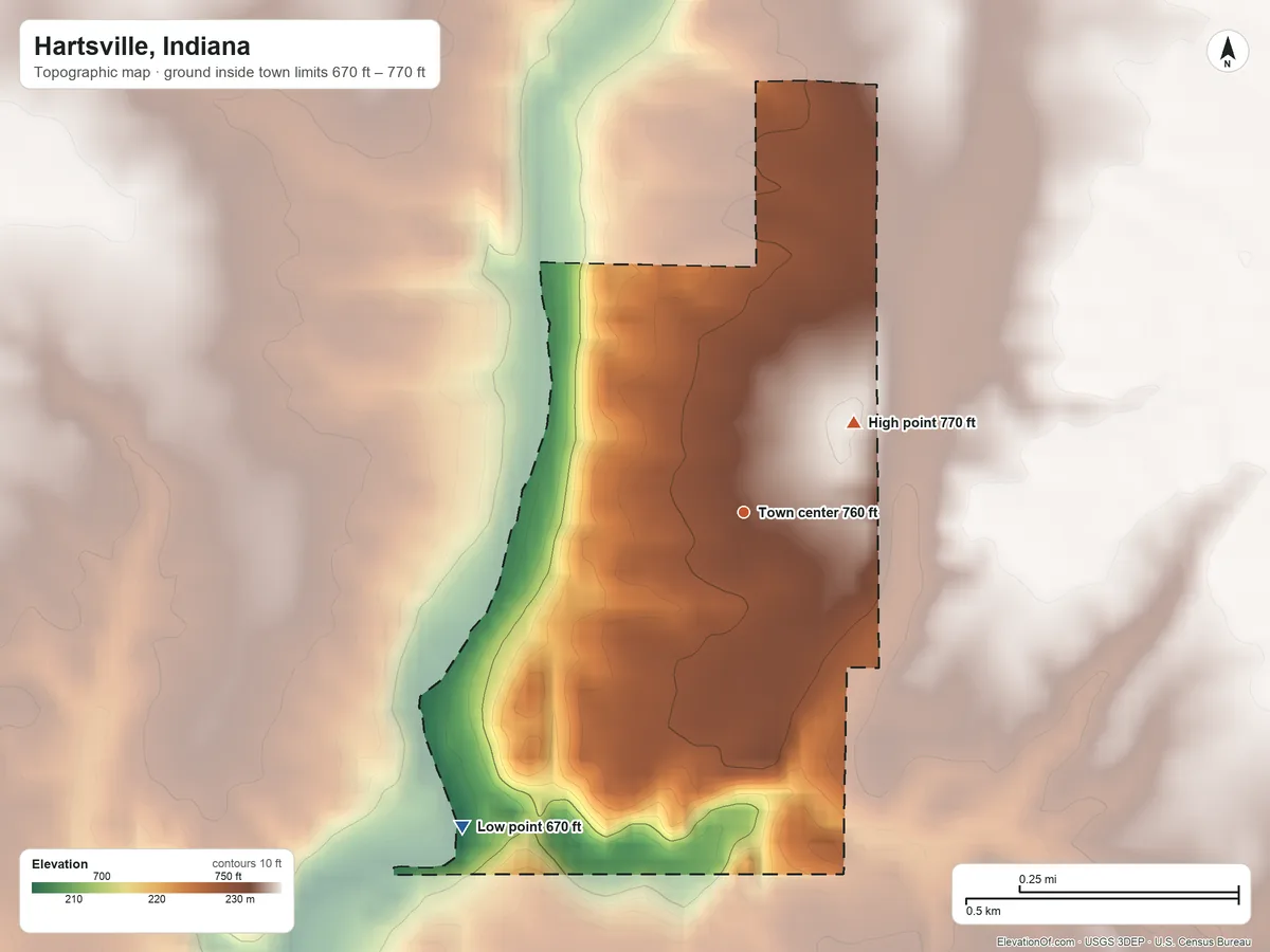 Topographic elevation map of Hartsville, Indiana, shaded from 670 ft on the southwest side to 770 ft on the northeast side