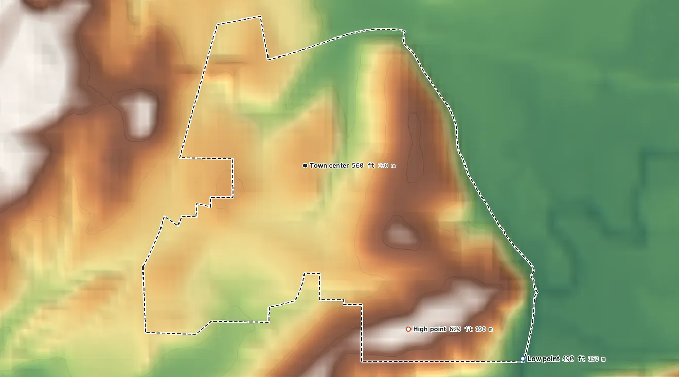 Topographic elevation map of Hashtown, Indiana, shaded from 490 ft on the southeast side to 620 ft on the southeast side