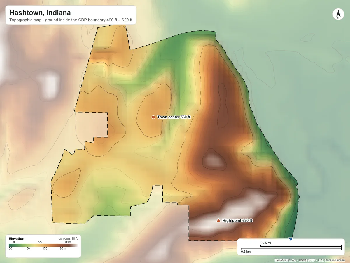 Topographic elevation map of Hashtown, Indiana, shaded from 490 ft on the southeast side to 620 ft on the southeast side