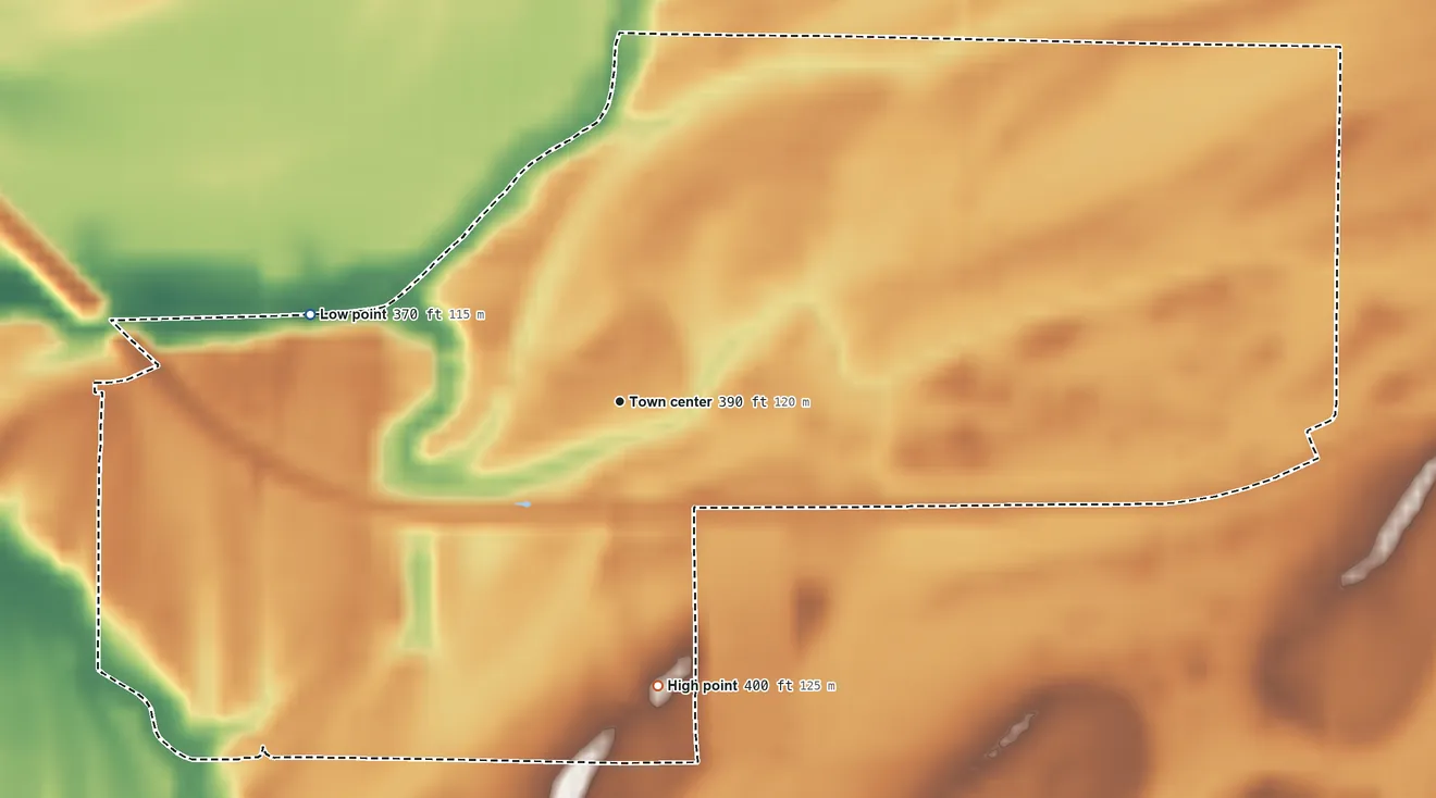Topographic elevation map of Hatfield, Indiana, shaded from 370 ft on the west side to 400 ft on the south side