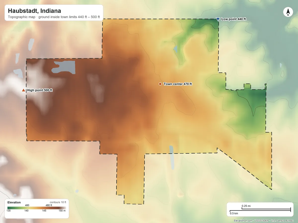 Topographic elevation map of Haubstadt, Indiana, shaded from 440 ft on the northeast side to 500 ft on the west side