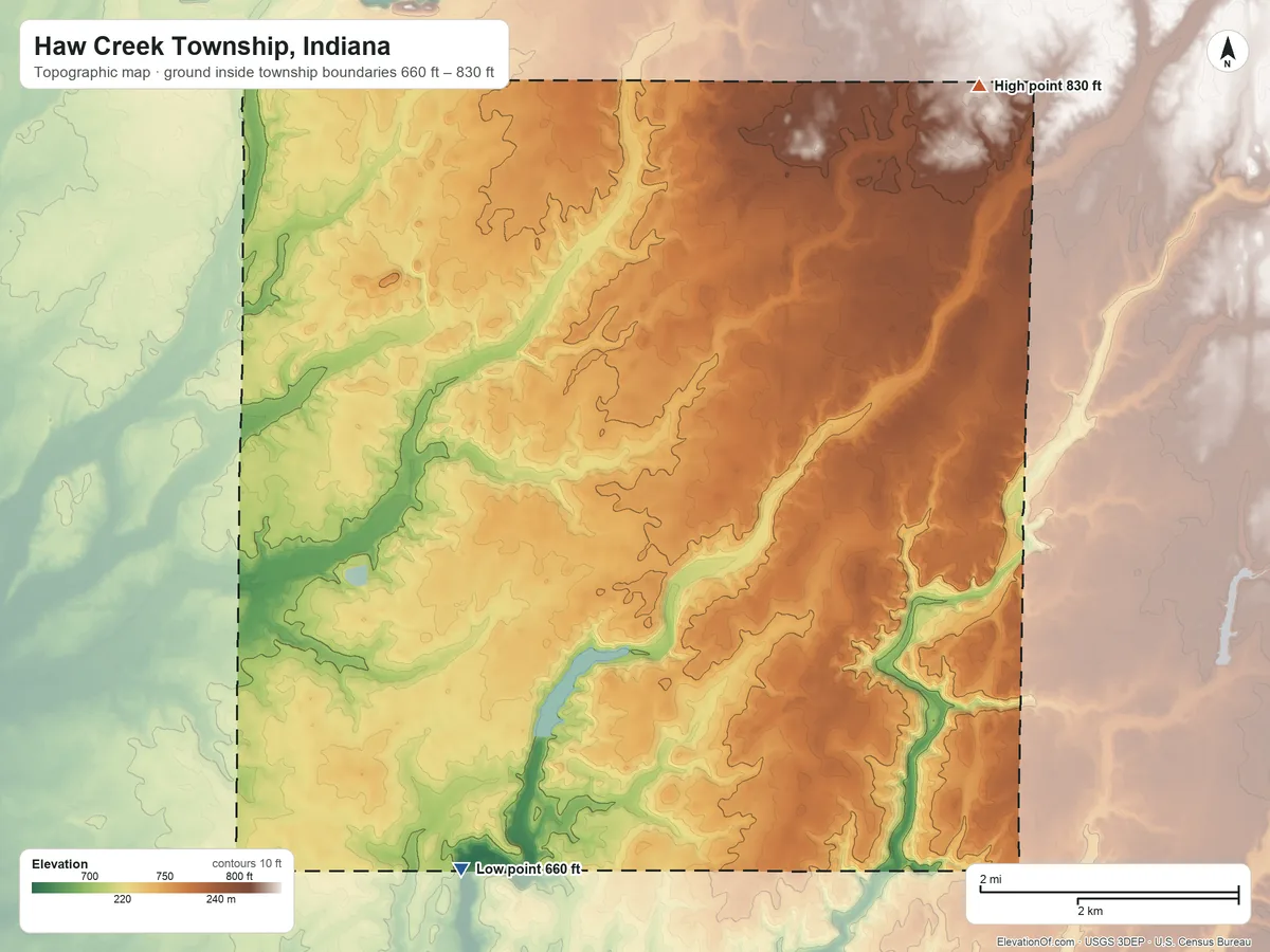 Topographic elevation map of Haw Creek Township, Indiana, shaded from 660 ft on the south side to 830 ft on the northeast side