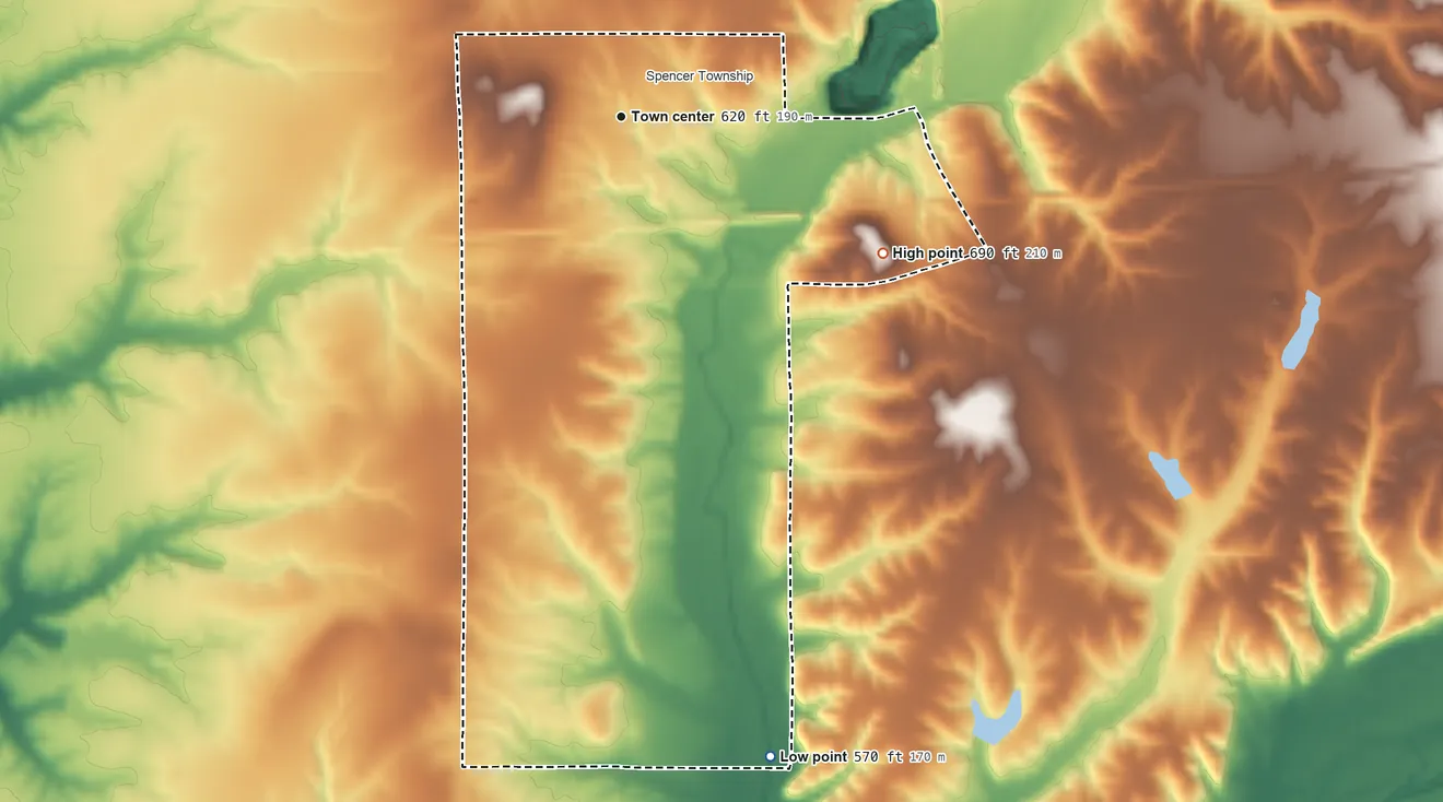 Topographic elevation map of Hayden, Indiana, shaded from 570 ft on the south side to 690 ft on the southeast side