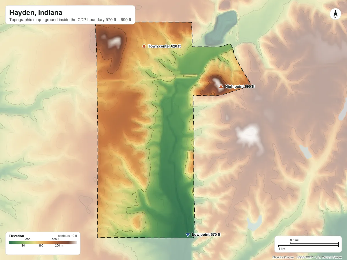 Topographic elevation map of Hayden, Indiana, shaded from 570 ft on the south side to 690 ft on the southeast side