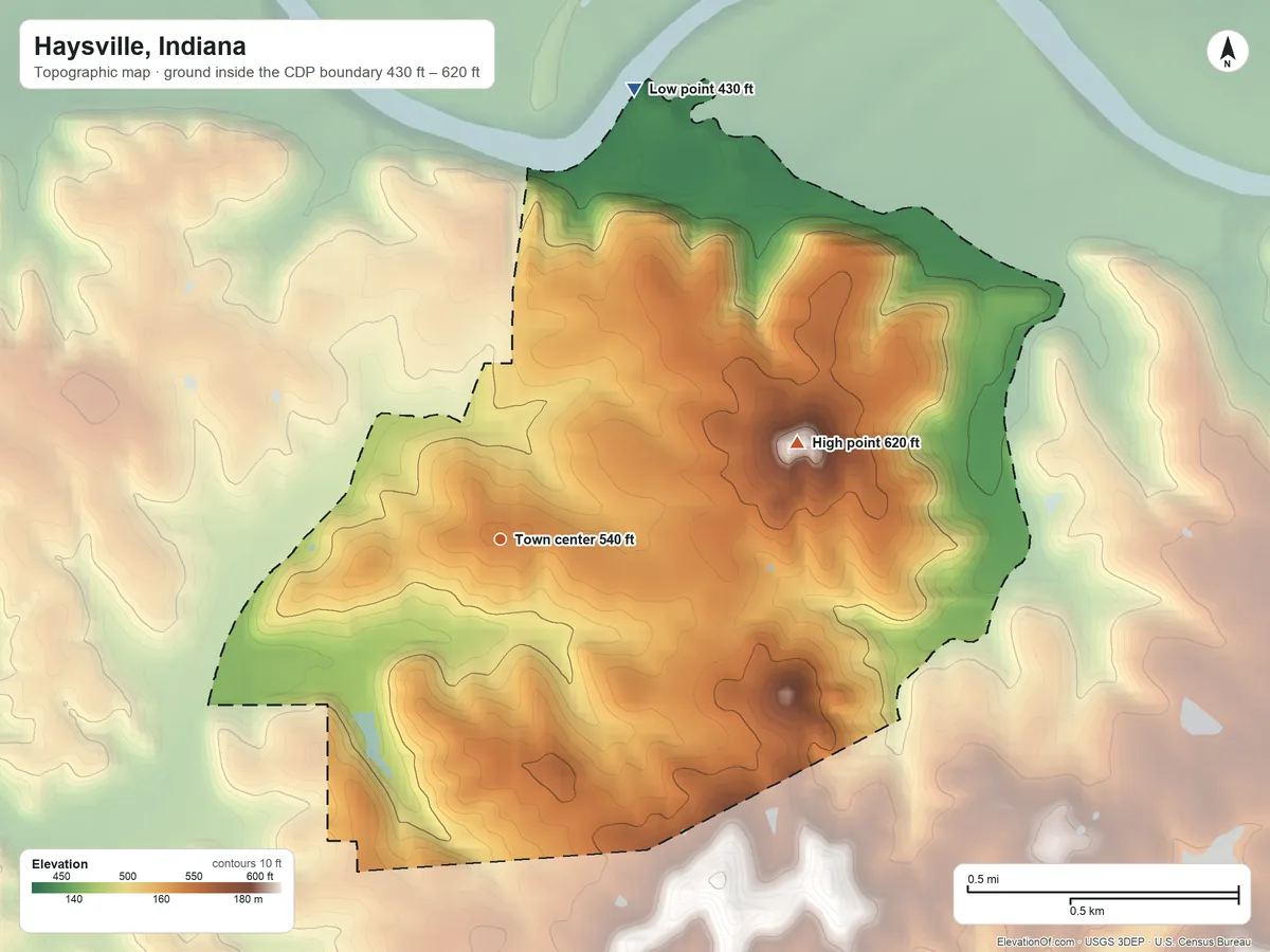 Topographic elevation map of Haysville, Indiana, shaded from 430 ft on the north side to 620 ft on the east side