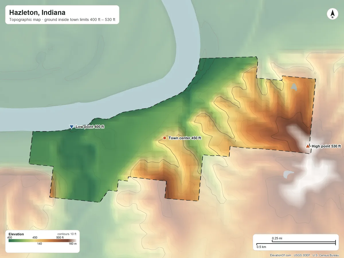 Topographic elevation map of Hazleton, Indiana, shaded from 400 ft on the west side to 530 ft on the east side