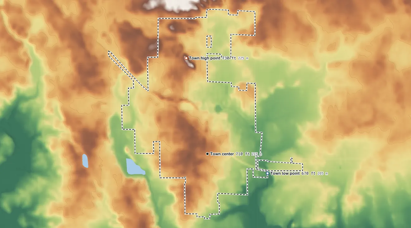 Topographic elevation map of Hebron, Indiana, shaded from 670 ft on the east side to 730 ft on the north side
