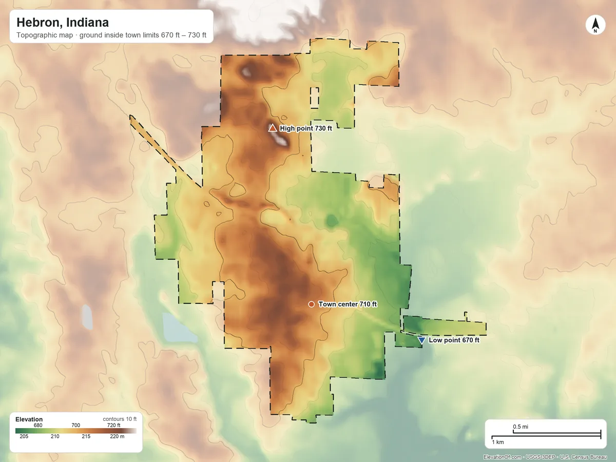 Topographic elevation map of Hebron, Indiana, shaded from 670 ft on the east side to 730 ft on the north side