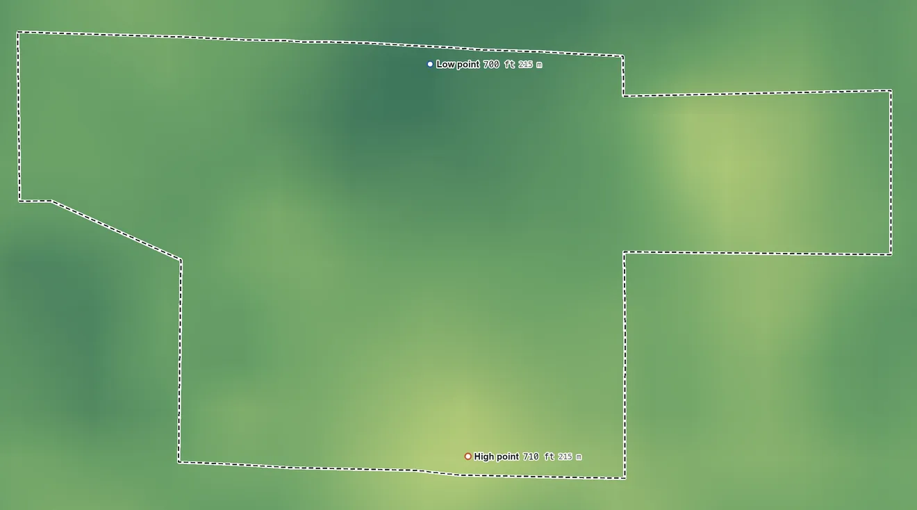 Topographic elevation map of Hedrick, Indiana, shaded from 700 ft near the middle to 710 ft on the south side