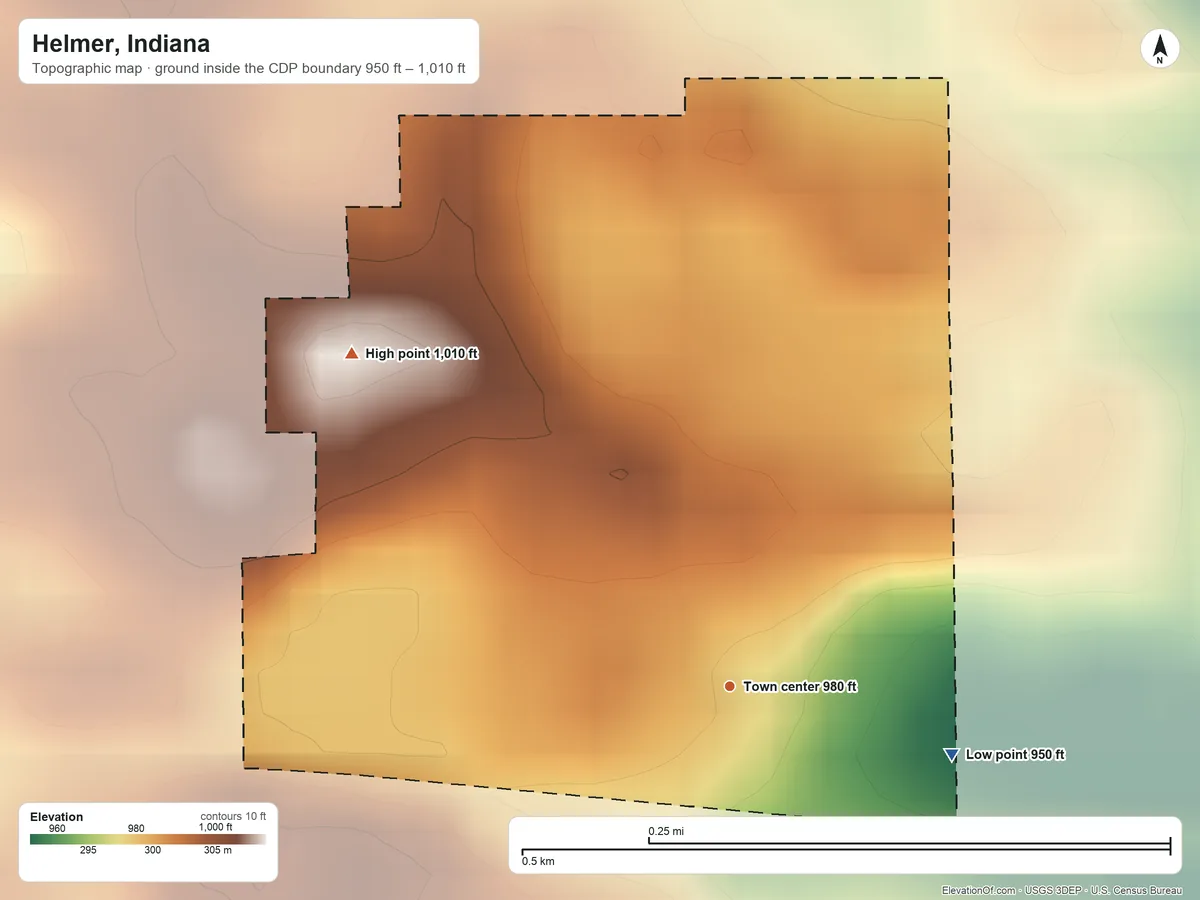 Topographic elevation map of Helmer, Indiana, shaded from 950 ft on the east side to 1,010 ft on the northwest side
