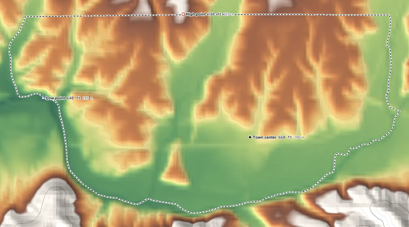 Topographic elevation map of Helmsburg, Indiana, shaded from 640 ft on the west side to 740 ft on the northwest side