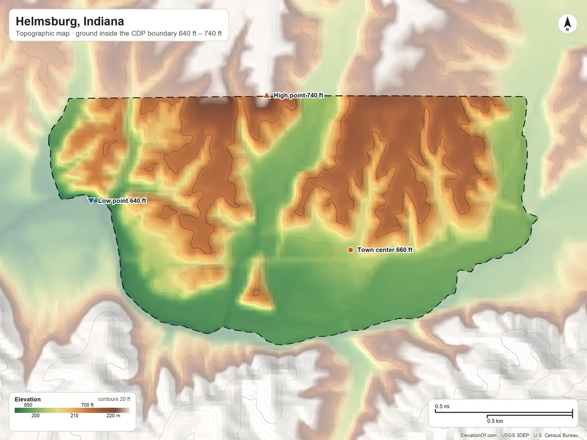 Topographic elevation map of Helmsburg, Indiana, shaded from 640 ft on the west side to 740 ft on the northwest side