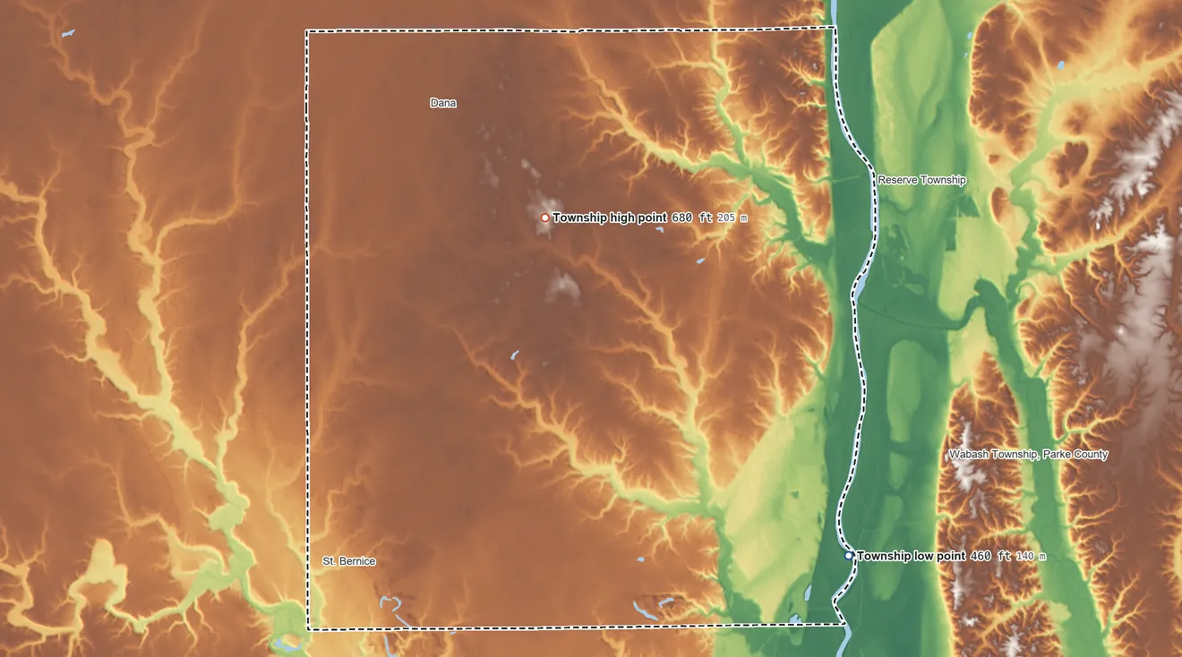 Topographic elevation map of Helt Township, Indiana, shaded from 460 ft on the southeast side to 680 ft on the north side