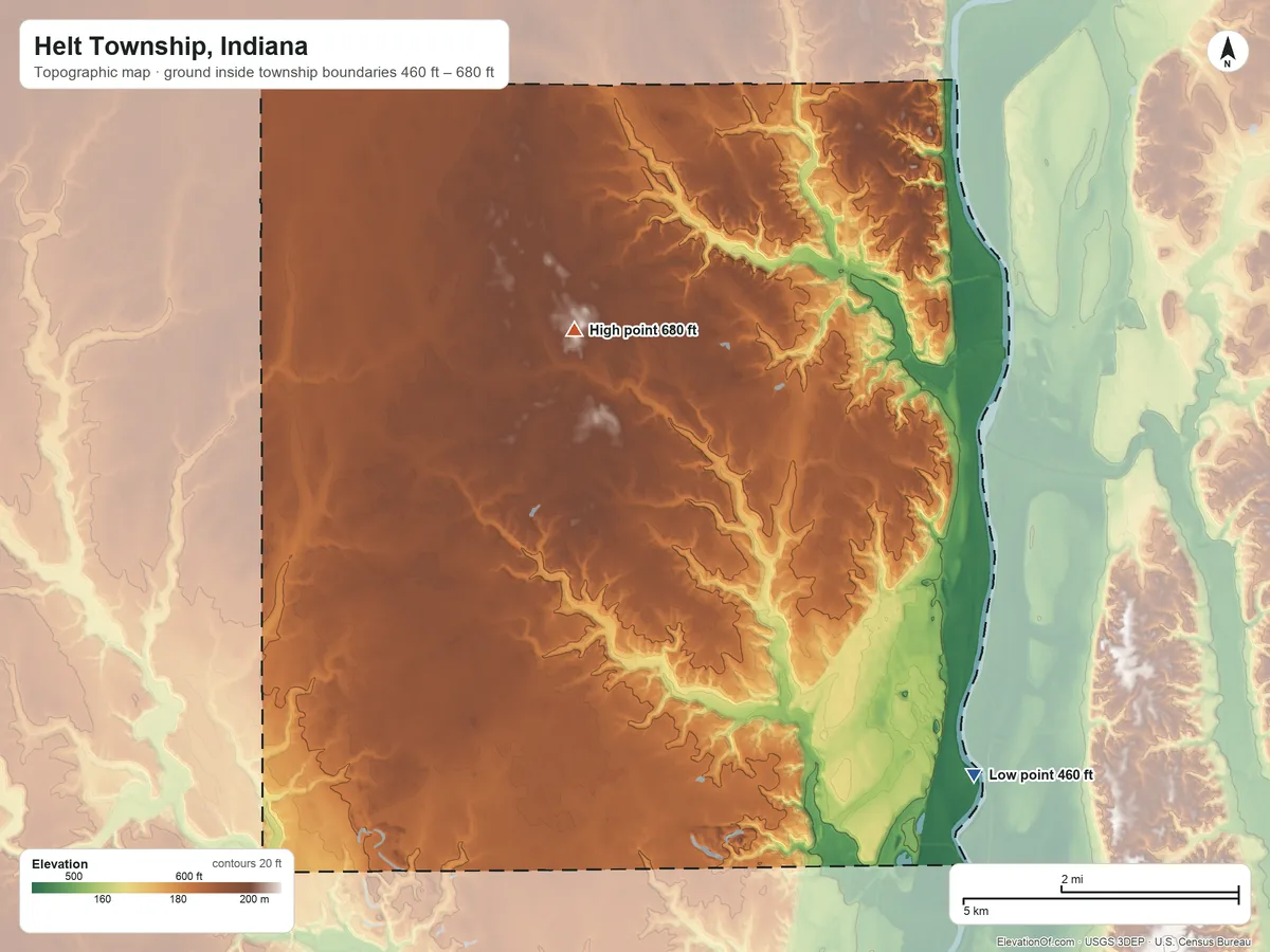 Topographic elevation map of Helt Township, Indiana, shaded from 460 ft on the southeast side to 680 ft on the north side