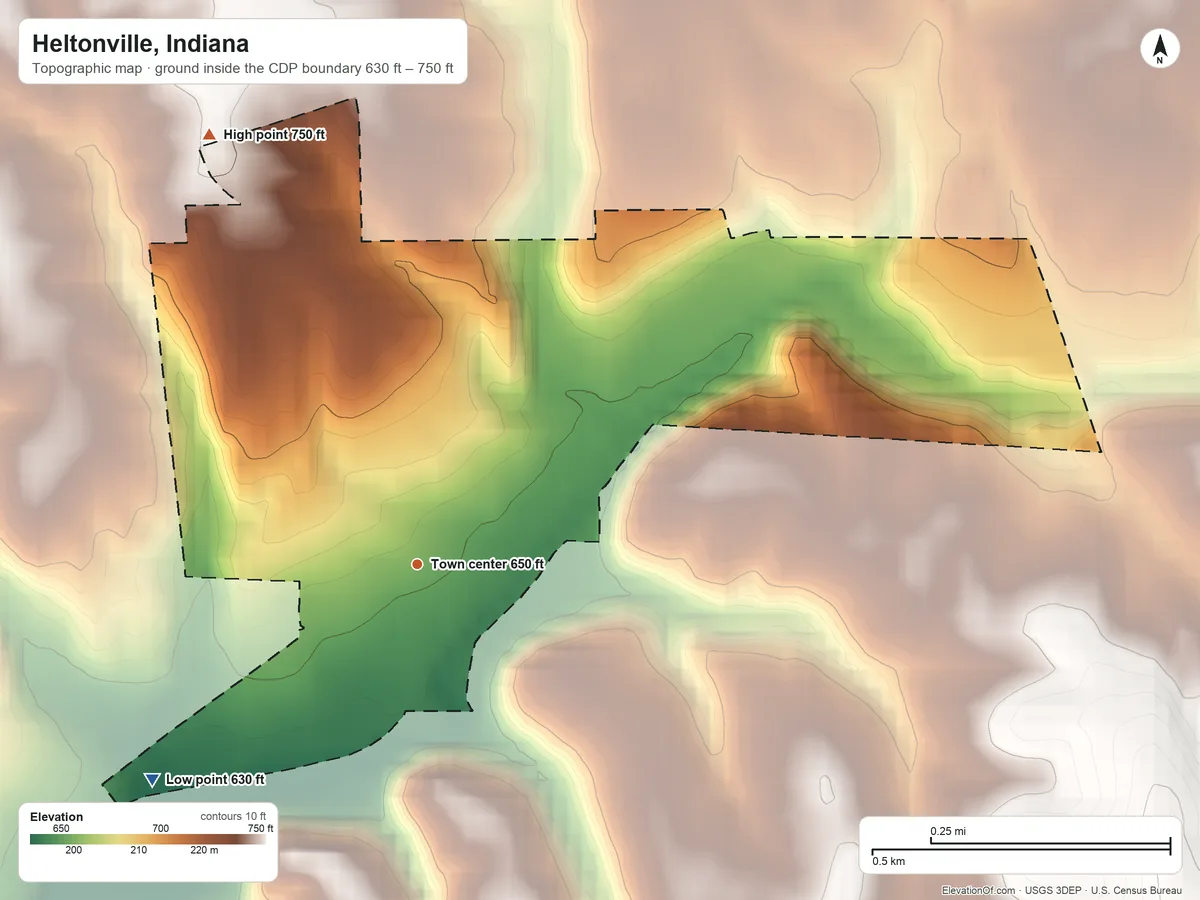 Topographic elevation map of Heltonville, Indiana, shaded from 630 ft on the southwest side to 750 ft on the northwest side
