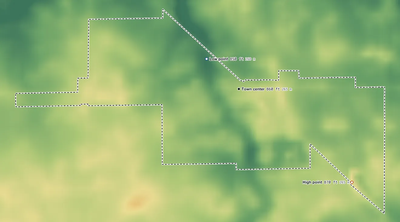 Topographic elevation map of Hemlock, Indiana, shaded from 850 ft on the northwest side to 870 ft on the southeast side