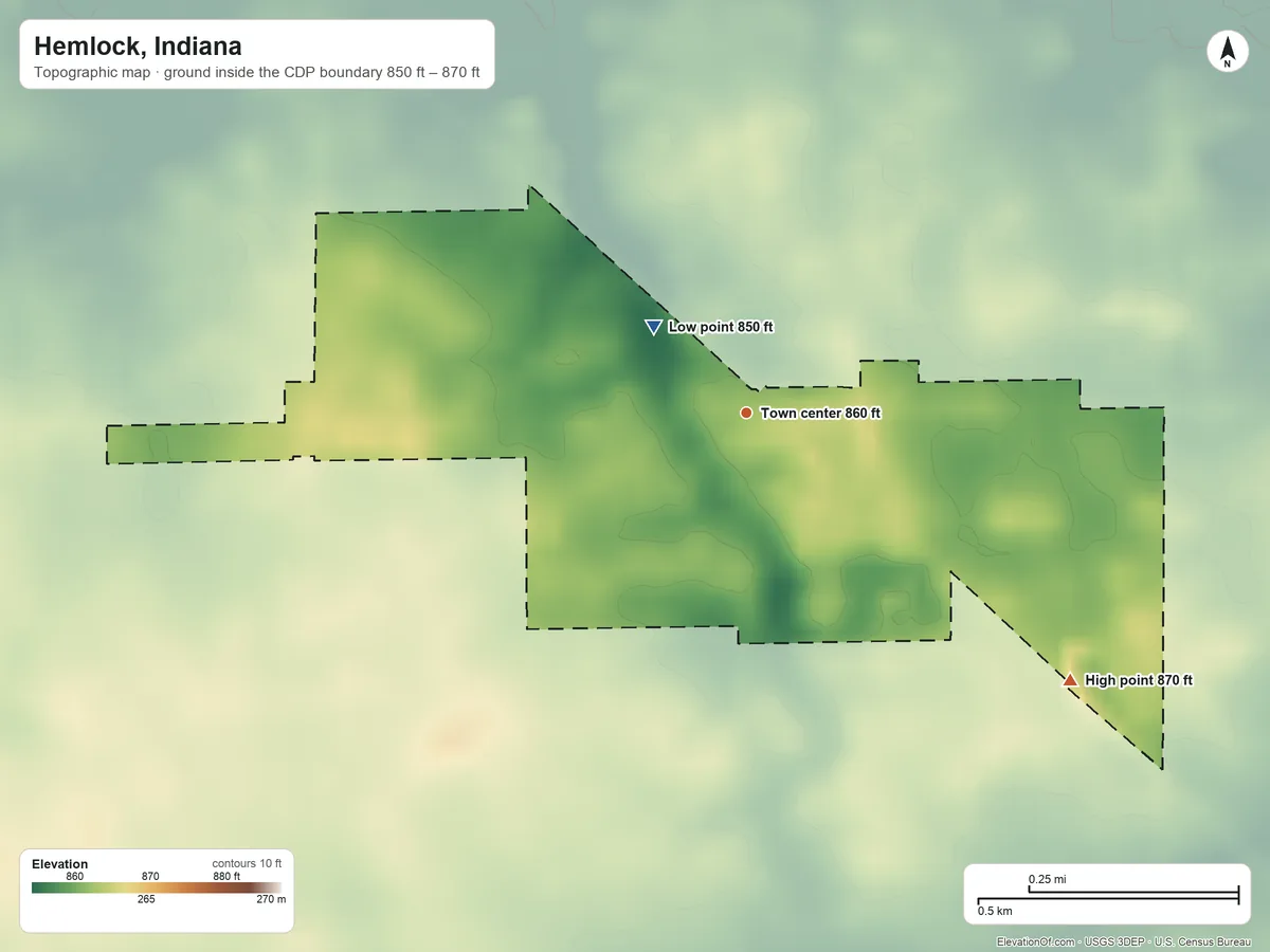 Topographic elevation map of Hemlock, Indiana, shaded from 850 ft on the northwest side to 870 ft on the southeast side
