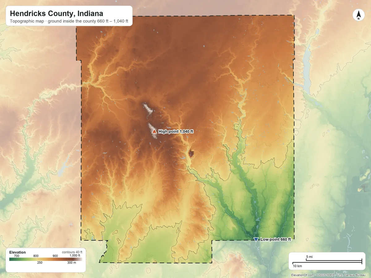 Topographic elevation map of Hendricks County, Indiana, shaded from 660 ft on the southeast side to 1,040 ft near the middle