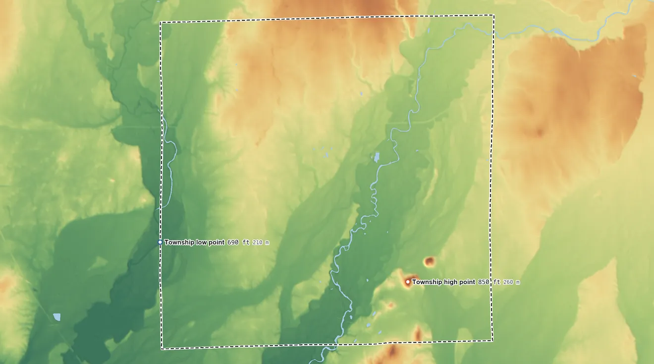 Topographic elevation map of Hendricks Township, Indiana, shaded from 690 ft on the southwest side to 850 ft on McFarren Hill