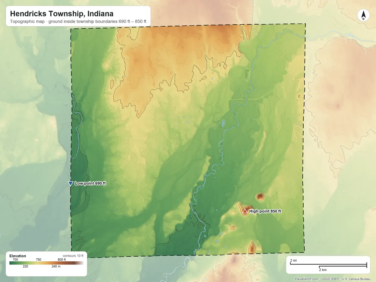 Topographic elevation map of Hendricks Township, Indiana, shaded from 690 ft on the southwest side to 850 ft on McFarren Hill