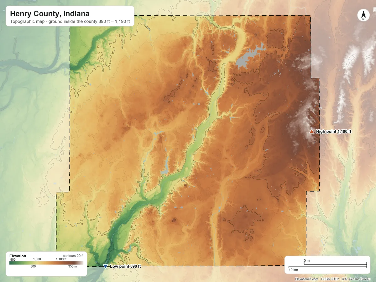 Topographic elevation map of Henry County, Indiana, shaded from 890 ft on the southwest side to 1,190 ft on the east side