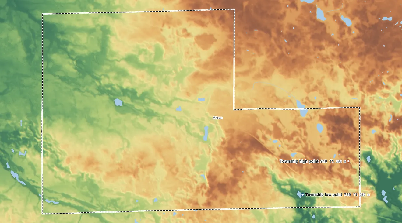 Topographic elevation map of Henry Township, Fulton County, Indiana, shaded from 780 ft on the southeast side to 940 ft on the east side