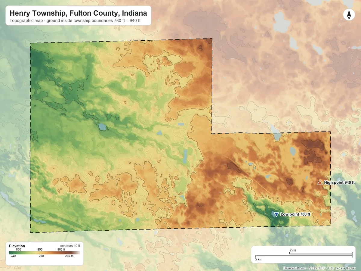 Topographic elevation map of Henry Township, Fulton County, Indiana, shaded from 780 ft on the southeast side to 940 ft on the east side