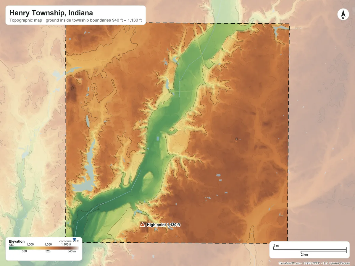 Topographic elevation map of Henry Township, Indiana, shaded from 940 ft on the southwest side to 1,130 ft on the southwest side