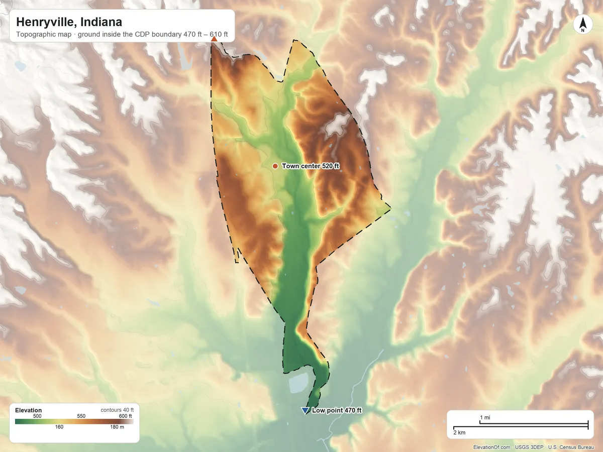 Topographic elevation map of Henryville, Indiana, shaded from 470 ft on the south side to 610 ft on the northwest edge, below higher ground just outside
