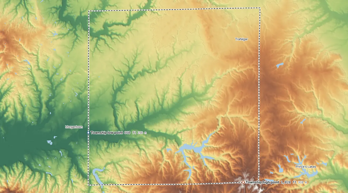 Topographic elevation map of Hensley Township, Indiana, shaded from 660 ft on the southwest side to 1,020 ft on the southeast side