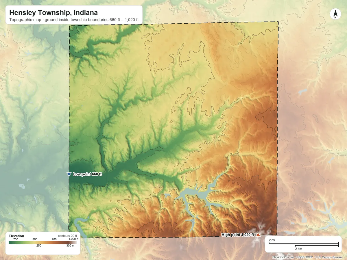 Topographic elevation map of Hensley Township, Indiana, shaded from 660 ft on the southwest side to 1,020 ft on the southeast side