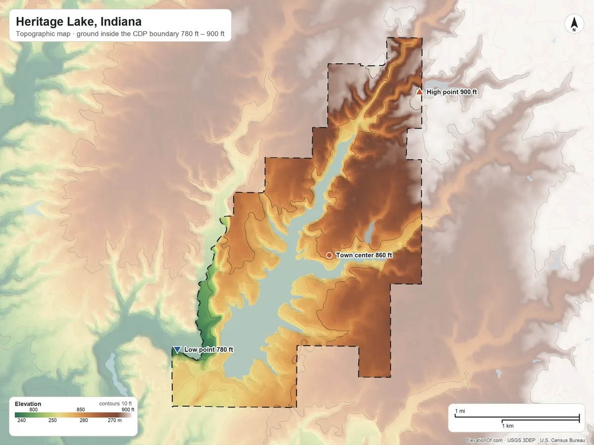 Topographic elevation map of Heritage Lake, Indiana, shaded from 780 ft on the southwest side to 900 ft on the northeast side