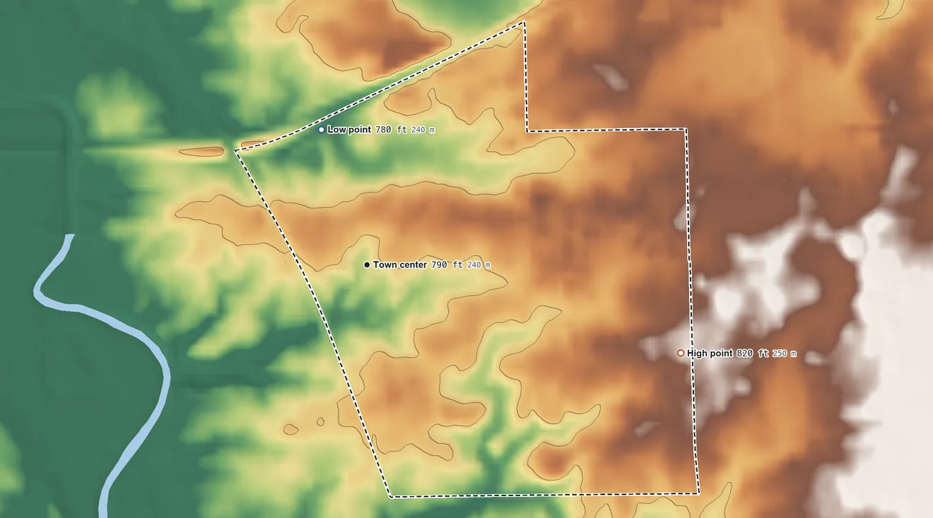 Topographic elevation map of Hessen Cassel, Indiana, shaded from 780 ft on the north side to 820 ft on the east side
