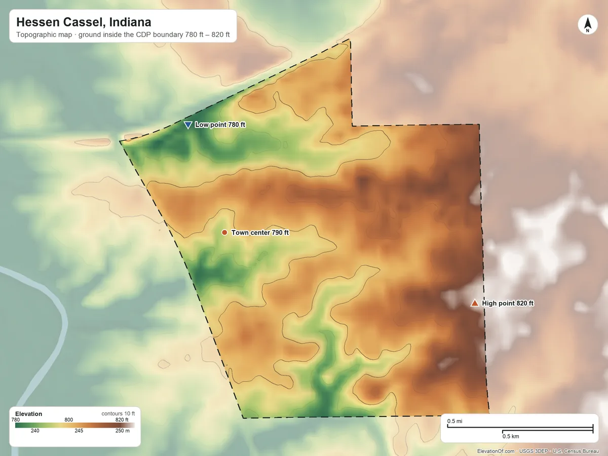 Topographic elevation map of Hessen Cassel, Indiana, shaded from 780 ft on the north side to 820 ft on the east side