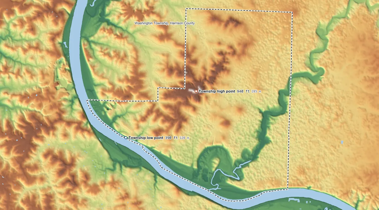 Topographic elevation map of Heth Township, Indiana, shaded from 390 ft on the west side to 940 ft on Hayes Hill