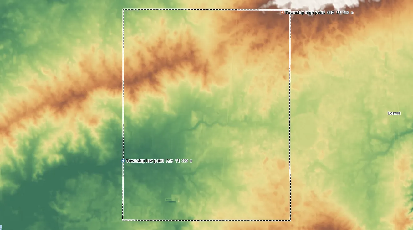 Topographic elevation map of Hickory Grove Township, Indiana, shaded from 720 ft on the southwest side to 850 ft on the northeast side