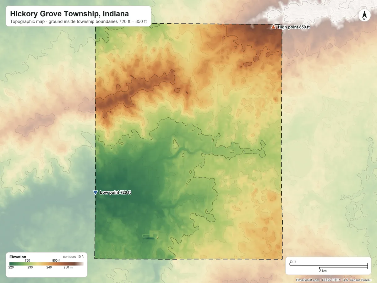 Topographic elevation map of Hickory Grove Township, Indiana, shaded from 720 ft on the southwest side to 850 ft on the northeast side